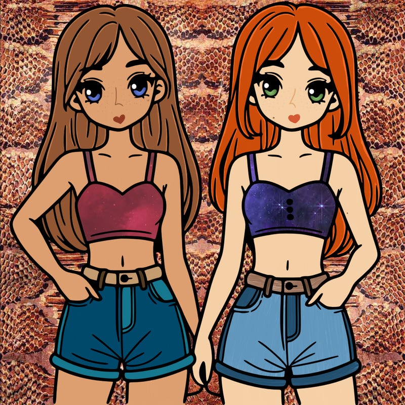 two sisters with crop tops and jean shorts and straight hair