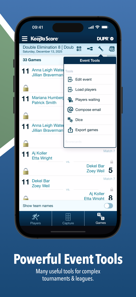 KeepaScore Pickleball Brackets - KeepaScore app displaying event tools for pickleball tournament management