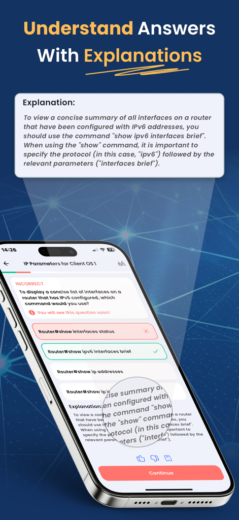 Screenshot der CCNA 200-301 Exam Prep App zeigt eine Übungsfrage mit einer detaillierten Antwort