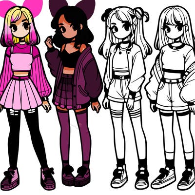 one girl with crop-top shirt and a jacket with a skirt, long socks and another girl with a shirt and pants with a jacket