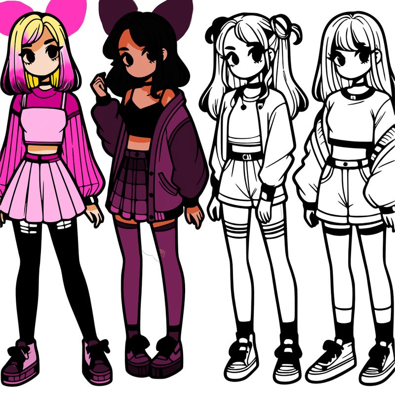 one girl with crop-top shirt and a jacket with a skirt, long socks and another girl with a shirt and pants with a jacket