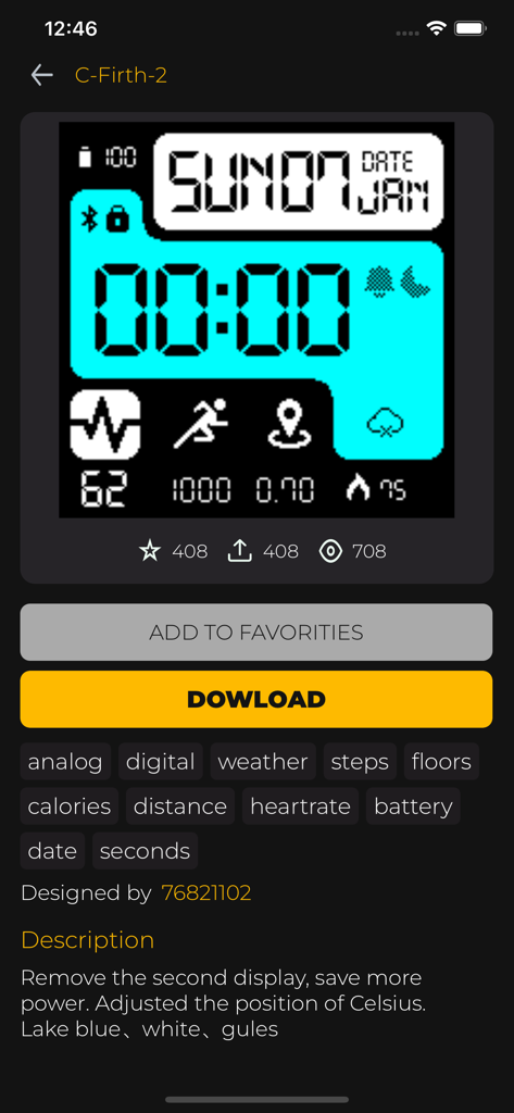 Ein digitales Zifferblatt-Interface in der AmazFaces App mit Gesundheits- und Aktivitätsdaten-Komplikationen auf einem cyan- und schwarzfarbenen Hintergrund.