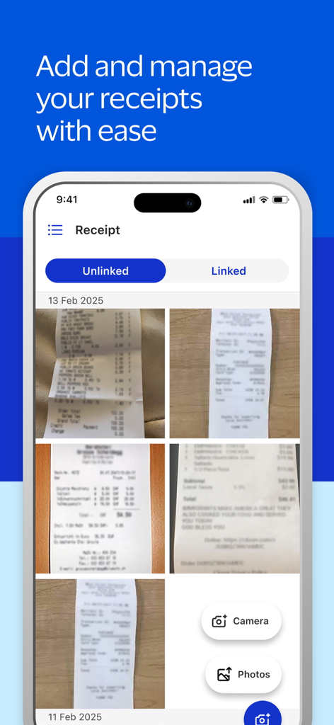 Spend Clarity Enterprise - Mobile interface of Spend Clarity Enterprise app showing a digital library of photographed receipts for corporate expense tracking.