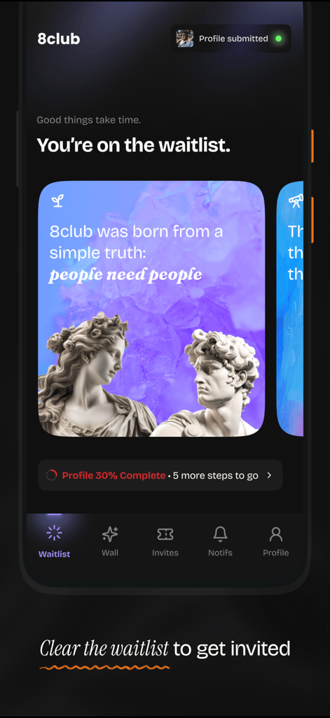 8club: Get Invited to Hotspots - 8club mobile app waitlist screen showing a profile completion progress bar and branding illustration with classical sculptures