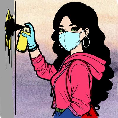 realistic girl with mask spray painting a wall