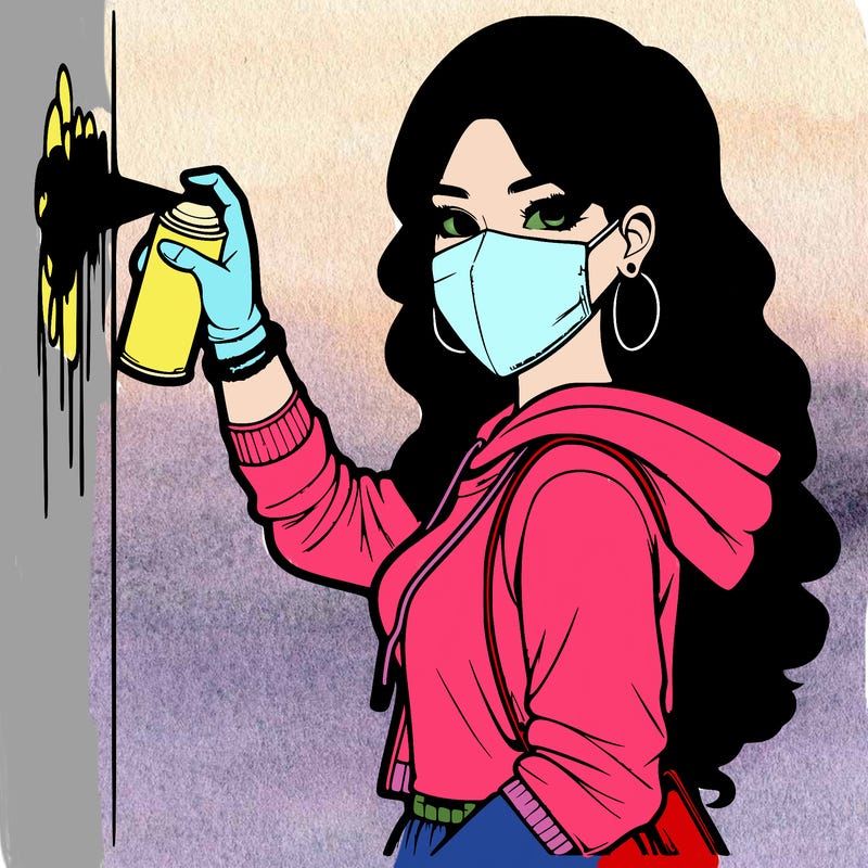 realistic girl with mask spray painting a wall