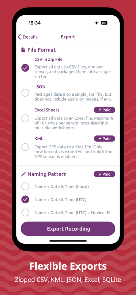 Export settings in the Sensor Logger app showing various file format options like CSV and JSON