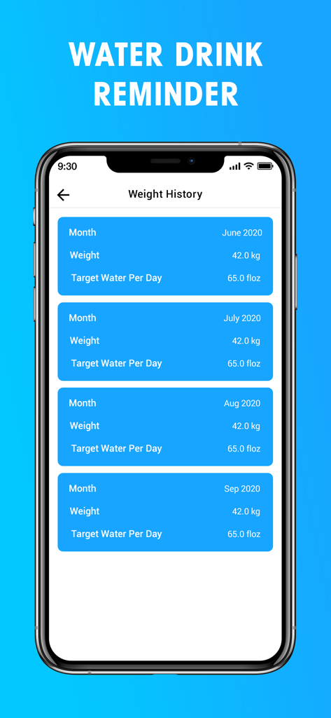 H2O : Drink Water Reminder - H2O app interface showing monthly weight history and daily water intake targets