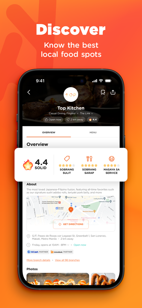 Booky - Food and Lifestyle - Smartphone screen showing Booky app with restaurant details and ratings for Top Kitchen.