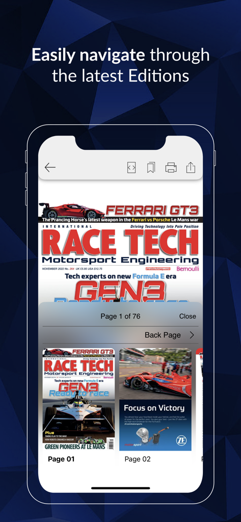 Race Tech - Interfaz de la aplicación Race Tech mostrando las últimas ediciones de revistas de ingeniería de automovilismo y funciones de navegación de páginas.
