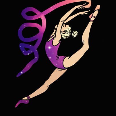 gymnast doing a leap in a leotard with a bent back leg