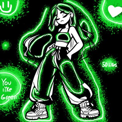 girl in baggy pants crop top and long hair