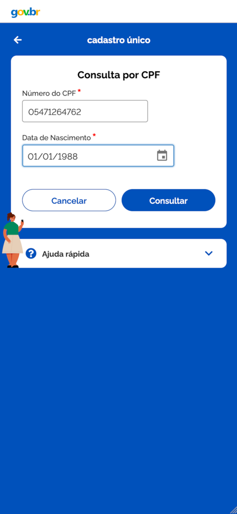 Cadastro Único - Screen of Cadastro Unico app showing the CPF consultation form with fields for ID number and date of birth.