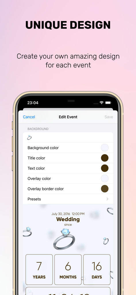 Countdown. Time to event. - Interface of the Countdown app showing customization options for event backgrounds, colors, and text for a wedding anniversary.