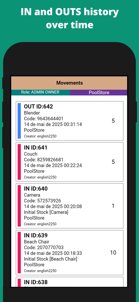 Stock Manager Online - Stock Manager Online app interface showing a detailed history of inventory in and out movements