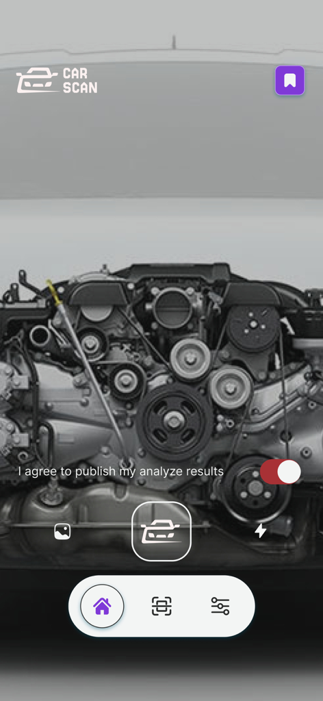 The Cars Scan app interface using the camera to identify a car engine