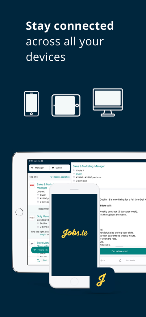 Jobs.ie app interface shown on a smartphone and tablet illustrating cross-device synchronization for job hunting