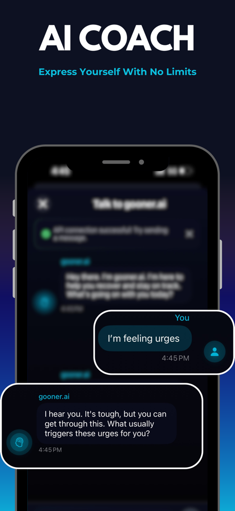 Interfaz de chat del Entrenador de IA de la aplicación SnapOut que muestra una conversación de apoyo para ayudar a los usuarios a manejar los impulsos y mantenerse disciplinados.