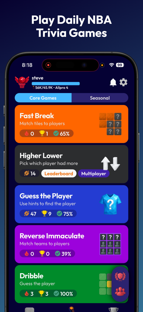 Blacktop Trivia - Blacktop Trivia mobile app screen showing daily NBA basketball game modes and user stats