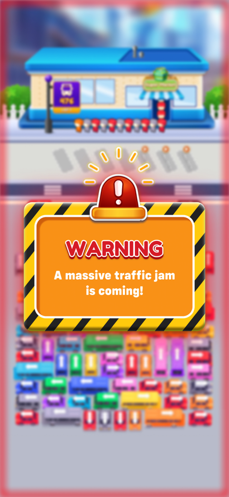 Car Escape: Traffic Jam Puzzle - Un mensaje de advertencia en la pantalla que dice que se acerca un atasco masivo en el juego de acertijos Car Escape.