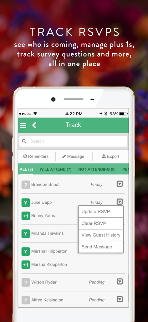 Greenvelope: Email/SMS Invites - Greenvelope app RSVP guest list management and tracking interface