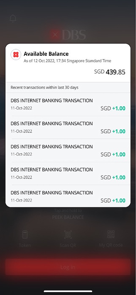 DBS IDEAL Mobile - DBS IDEAL Mobile app interface displaying available balance and a list of recent transactions