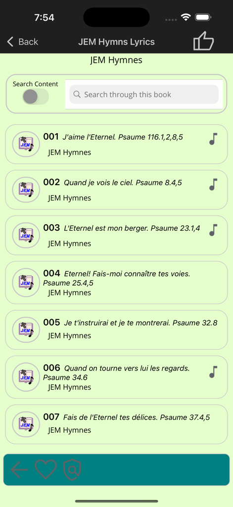 A display of numbered French worship songs in the JEM Hymns app