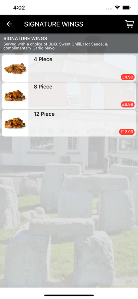 Stonehenge Inn - Signature wings menu screen in the Stonehenge Inn app showing prices for 4, 8, and 12 piece orders.