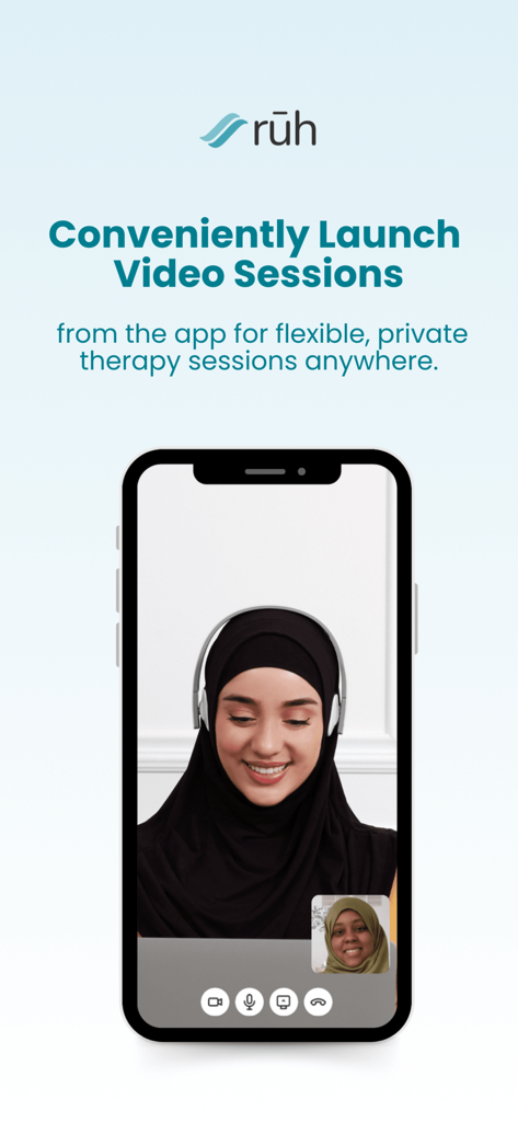 A woman wearing a hijab in a video therapy session on the Ruh Care app