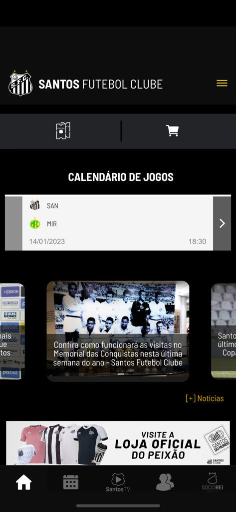 Santos FC - Home screen of the Santos FC official app showing the match calendar and news updates