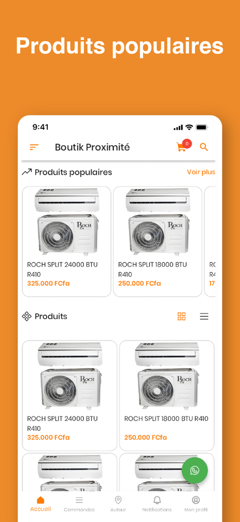 Boutik proximité - Interface do aplicativo Boutik Proximite exibindo unidades populares de ar condicionado para conforto doméstico.