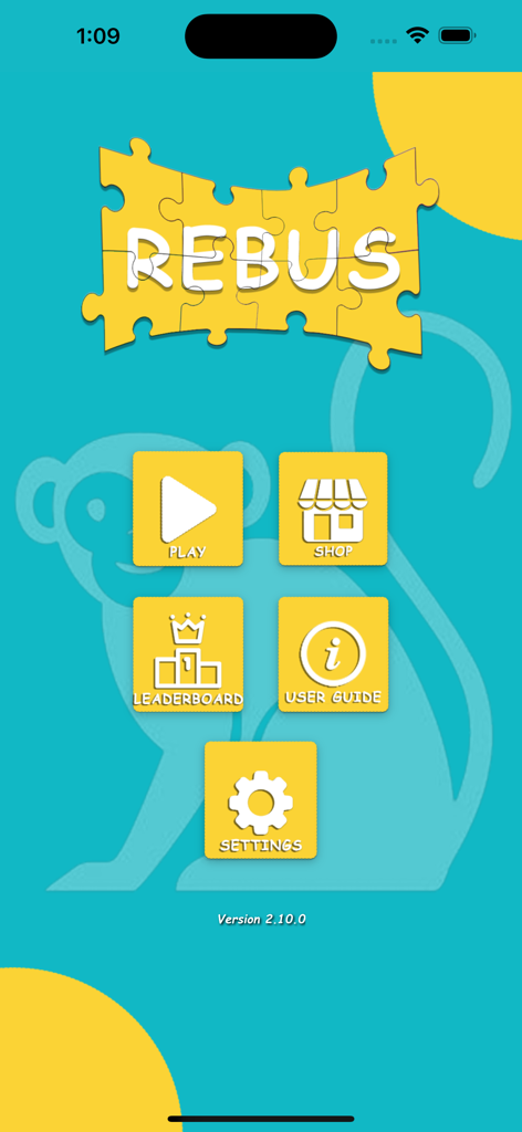 Rebus Puzzle: Brain Teaser - Main menu screen of the Rebus Puzzle app featuring play shop leaderboard and settings buttons