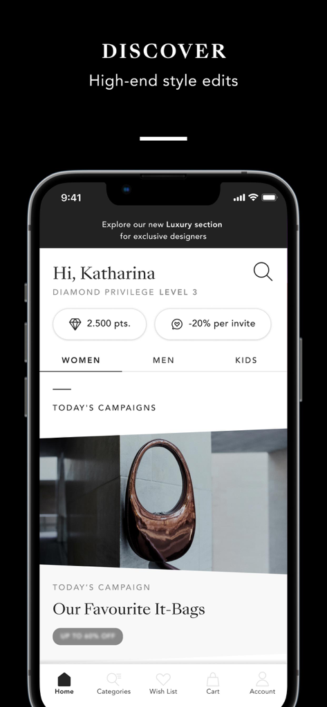 BESTSECRET - BESTSECRET mobile app interface showing a personalized home screen with luxury fashion campaigns and member reward status