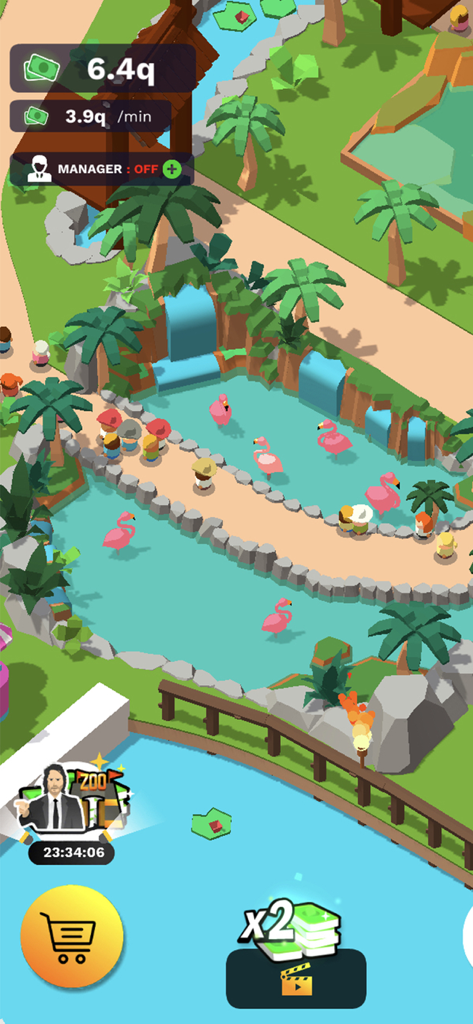 Idle Zoo Tycoon 3D - Vista de pájaro de un colorido recinto de flamencos con visitantes en Idle Zoo Tycoon 3D