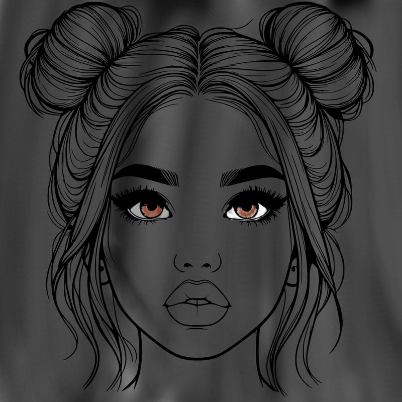 realistic girl with two buns on her hair and lips
