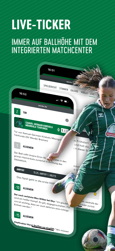 SV Werder Bremen - Centro partite live dell'app SV Werder Bremen con ticker della partita e immagine del giocatore