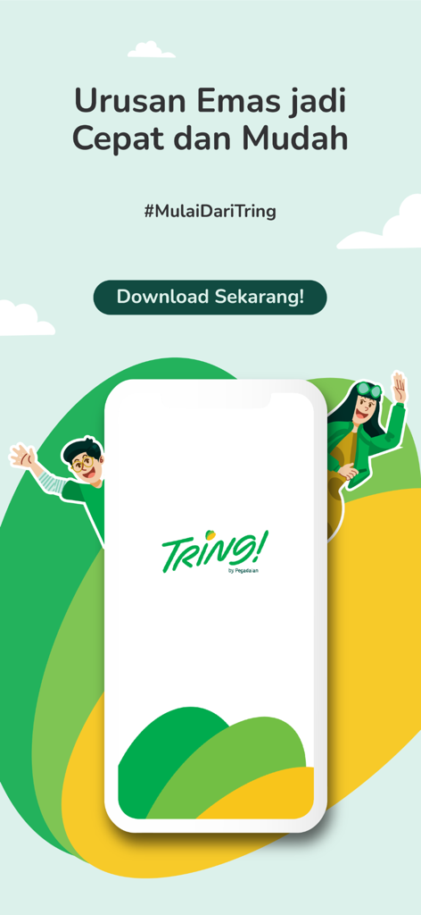 Promotional screen for Tring by Pegadaian mobile app highlighting fast and easy gold investment services.