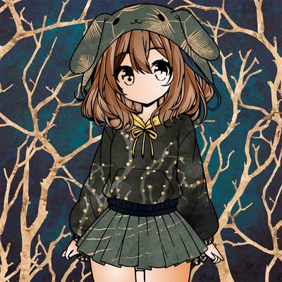 pretty anime girl wearing a fluffy hoodie with bunny ears on the hood and a skirt