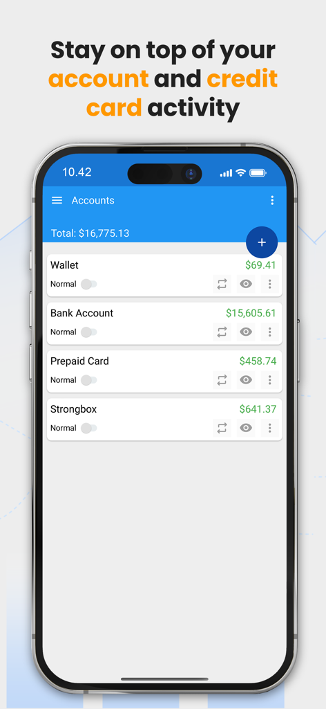 Fast Budget - Expense Manager - Accounts overview in the Fast Budget app showing bank and wallet balances