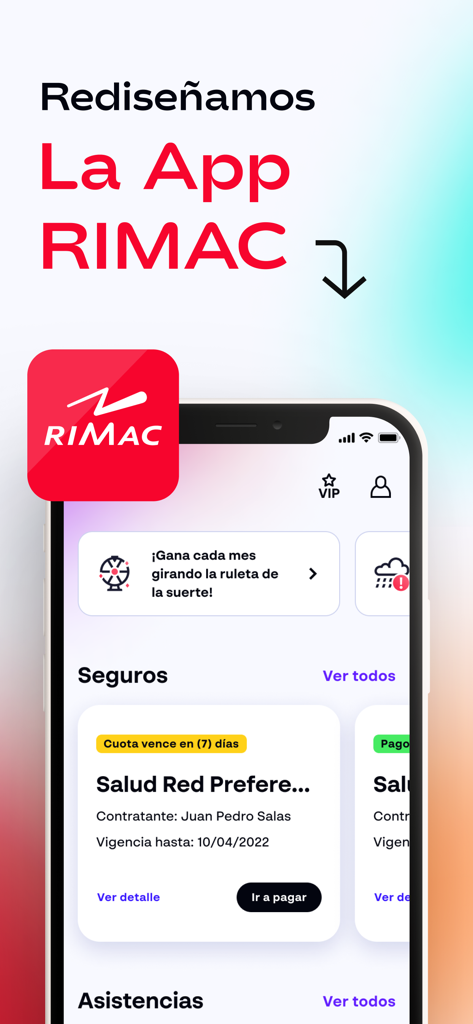 App RIMAC - A smartphone displaying the redesigned RIMAC insurance app with policy management and reward features.