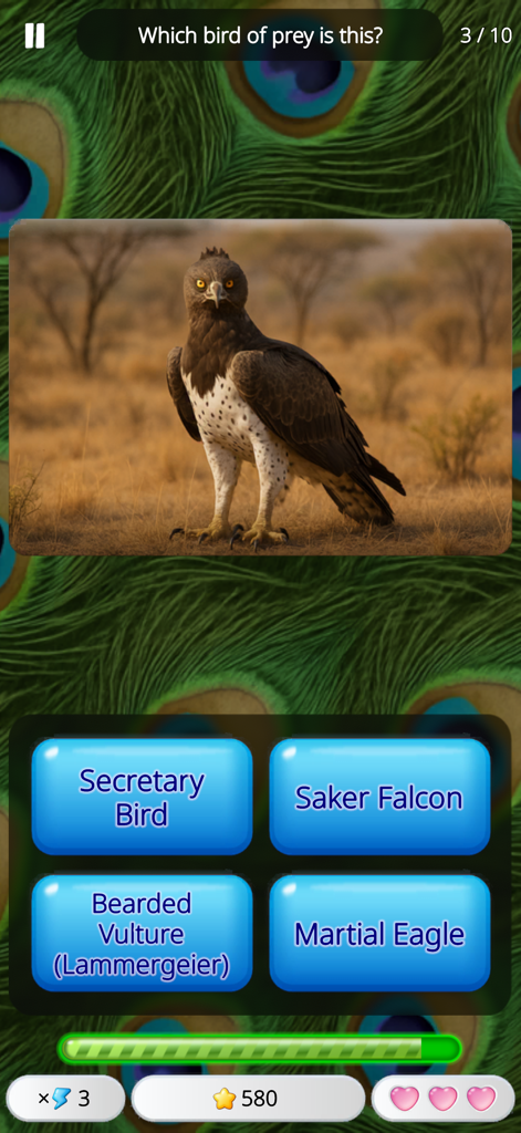 Guess the Animal: Quiz Game - Una pregunta de trivia de aves rapaces en el juego Adivina el Animal que muestra un águila marcial y opciones de respuesta múltiple.