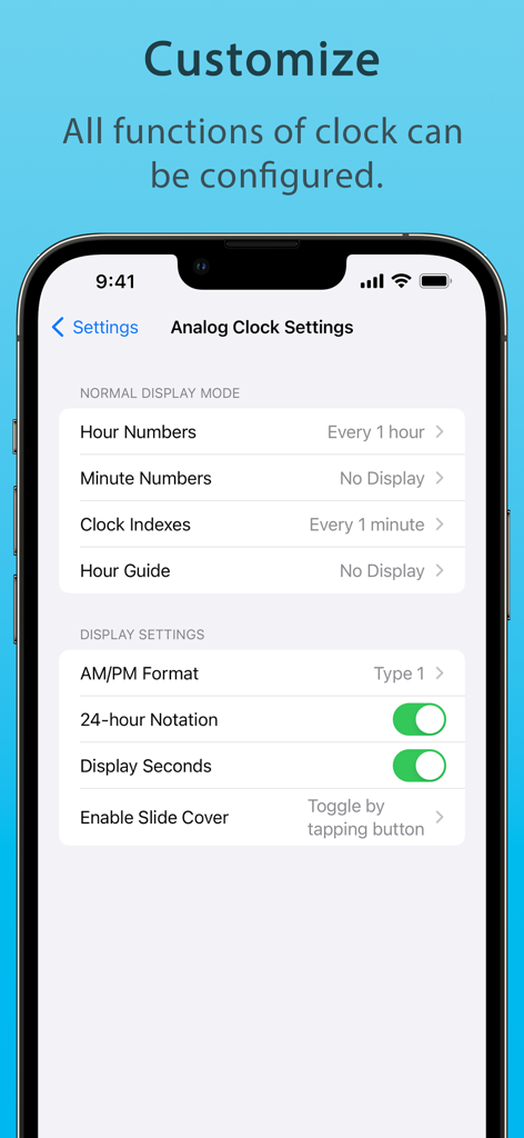 Learning Clock Timer - Pantalla de configuración del reloj analógico en la aplicación Reloj de Aprendizaje mostrando opciones de personalización para números de hora y modos de visualización