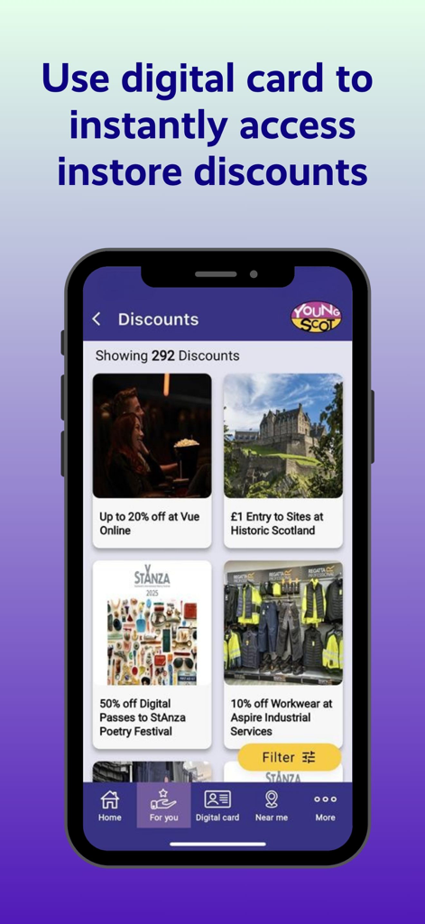 Young Scot - Young Scot app interface displaying a variety of available local discounts and the digital card feature