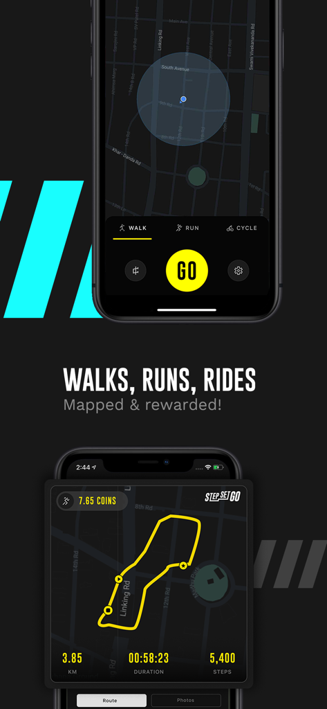 StepSetGo: Step Into Rewards - StepSetGo app interface showing mapped fitness activities for walks, runs, and rides with reward coins and session stats