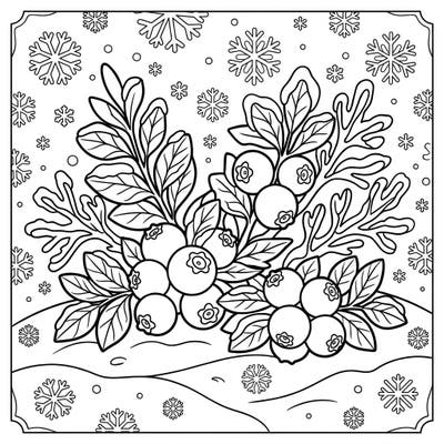 Immerse yourself in the frosty beauty of this winter blueberries coloring page, featuring lush berries nestled among delicate snowflakes. It's a delightful scene, perfect for bringing a touch of cool charm to your creative coloring session.