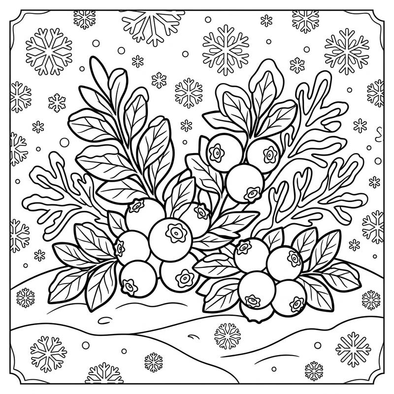 Immerse yourself in the frosty beauty of this winter blueberries coloring page, featuring lush berries nestled among delicate snowflakes. It's a delightful scene, perfect for bringing a touch of cool charm to your creative coloring session.