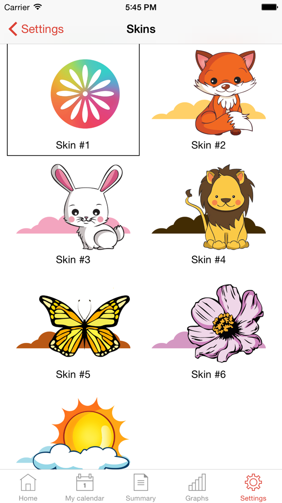 WomanLog S Calendar - Interfaz de la aplicación WomanLog S Calendar mostrando varias opciones de skins personalizables, incluyendo un zorro, un conejito y una mariposa