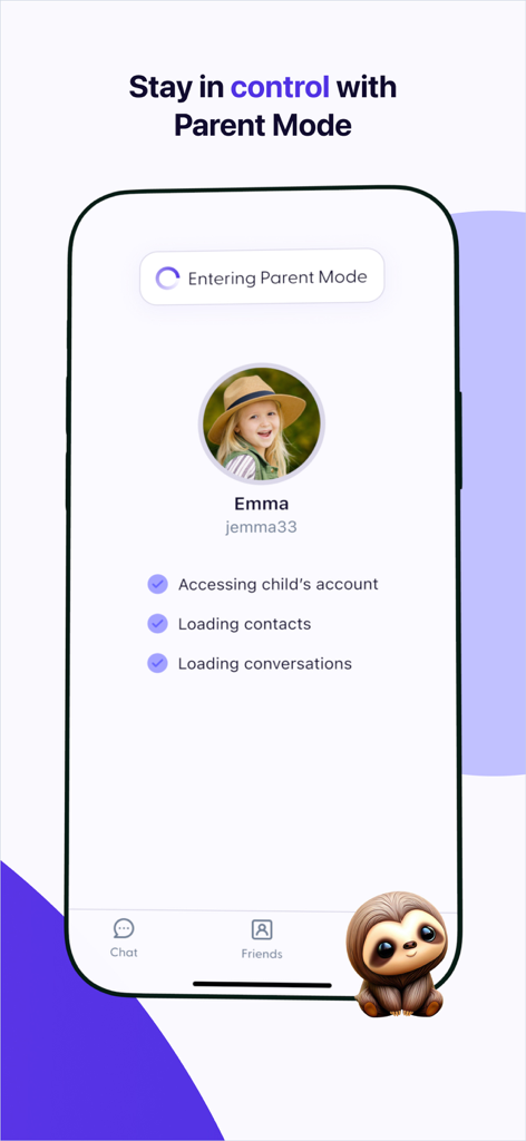 KINDER Messenger app screenshot displaying the Parent Mode interface to monitor child account activity