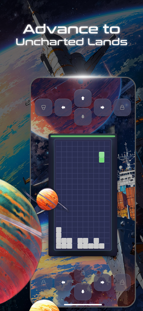 Una captura de pantalla del juego móvil SERPENT que muestra el juego de puzle cooperativo local con un fondo espacial de ciencia ficción y el texto Avanzar a Tierras Inexploradas.