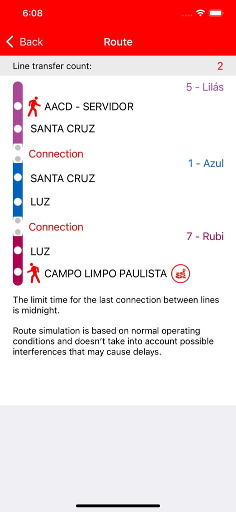 CPTM Oficial - Captura de tela do simulador de rotas do aplicativo CPTM Oficial mostrando transferências de linha e nomes de estações em inglês.